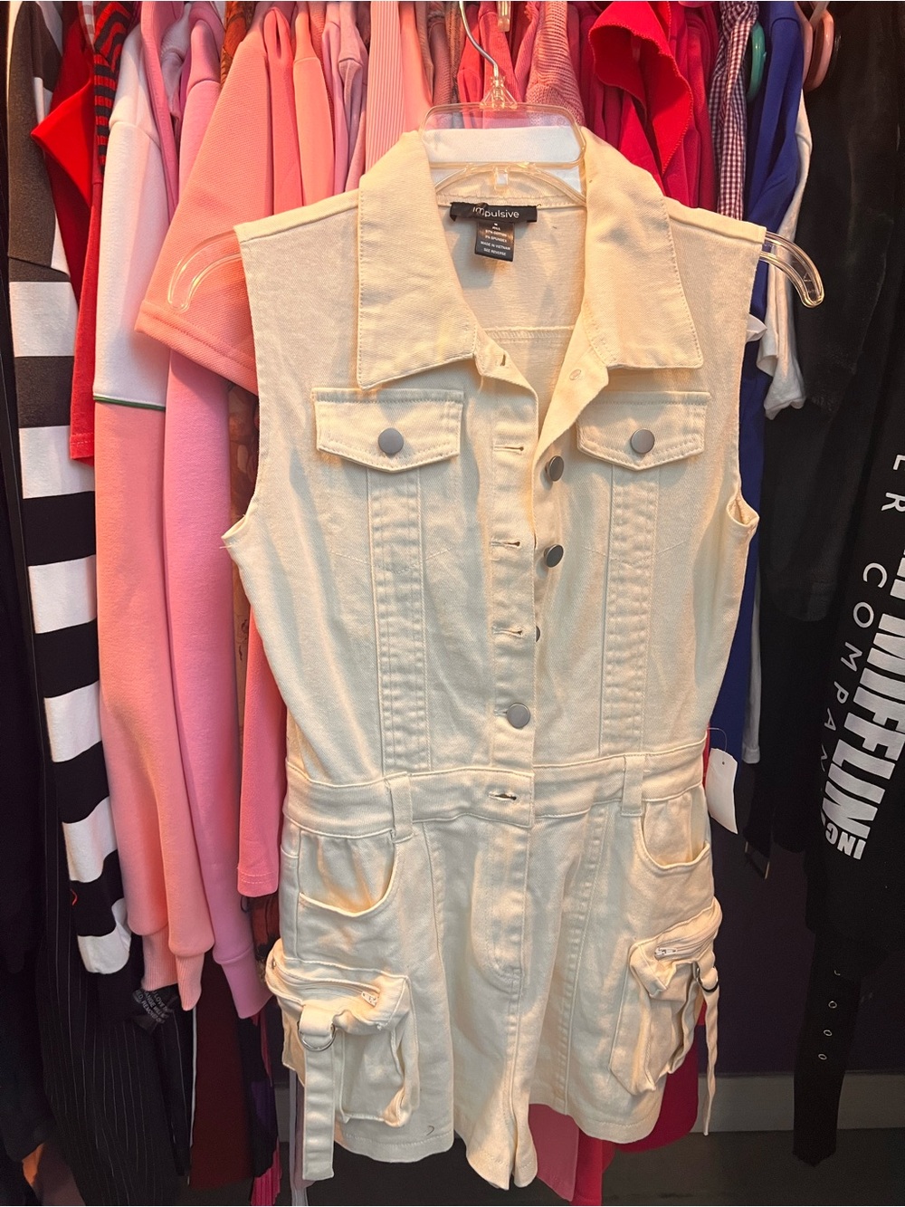 No Boundaries Cream Utility Denim Romper